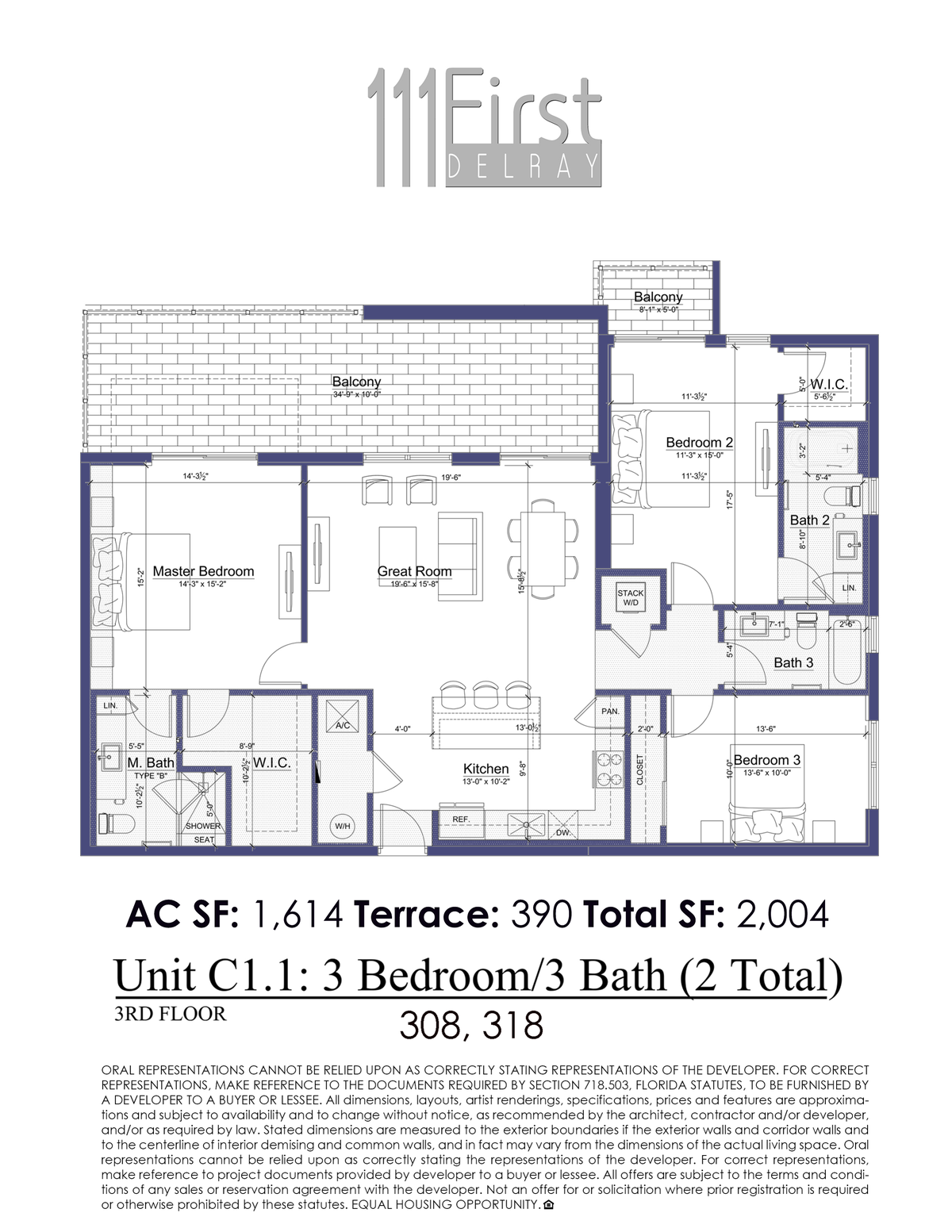 111 First Delray Unit C1.1 Three Bedroom Three Bath Floor Plan